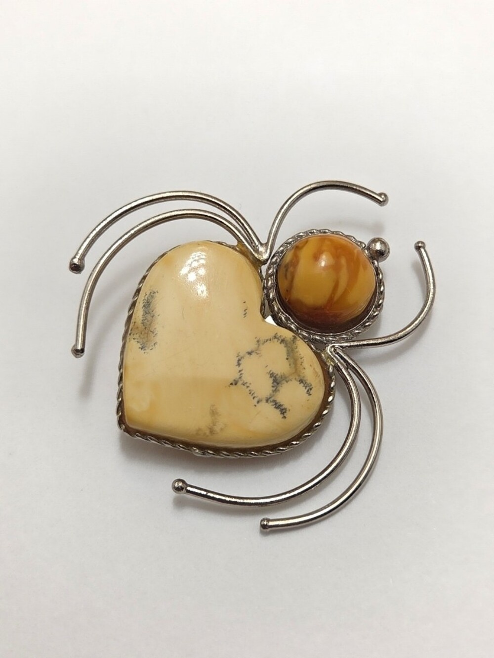 Vintage Silvertone Egg Yolk Amber Love Bug Heart Brooch